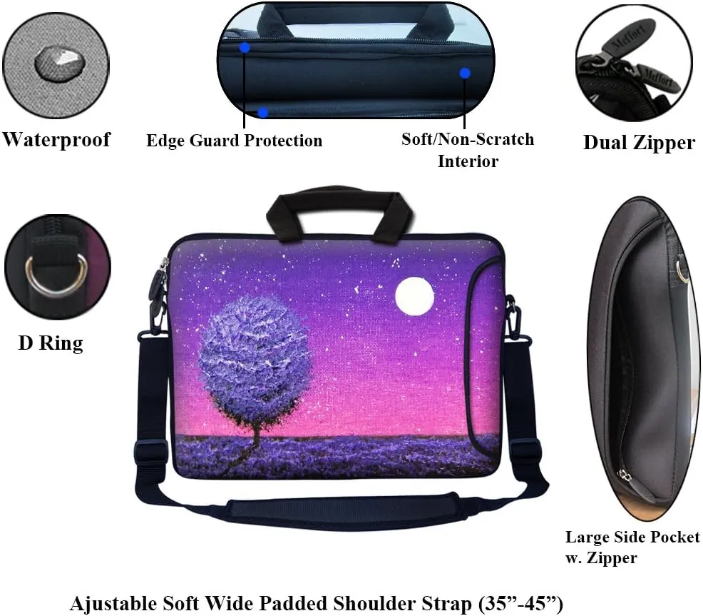 Meffort Inc 17 Inch Neoprene Laptop Bag with Extra Side Pocket, Soft Carrying Handle & Removable Shoulder Strap Fit 16" to 17.3" Size - Night Scene Oil Painting