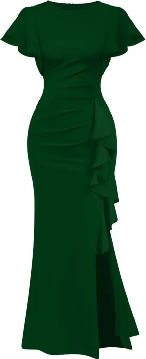 Memoriesea Women's Elegant High Split Ruched Bodycon Mermaid Evening Cocktail Maxi Dress