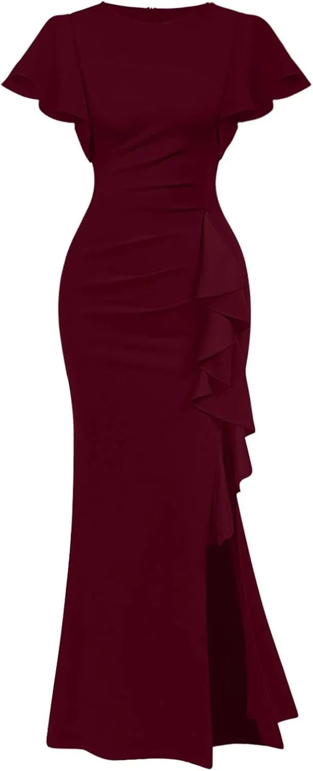 Memoriesea Women's Elegant High Split Ruched Bodycon Mermaid Evening Cocktail Maxi Dress
