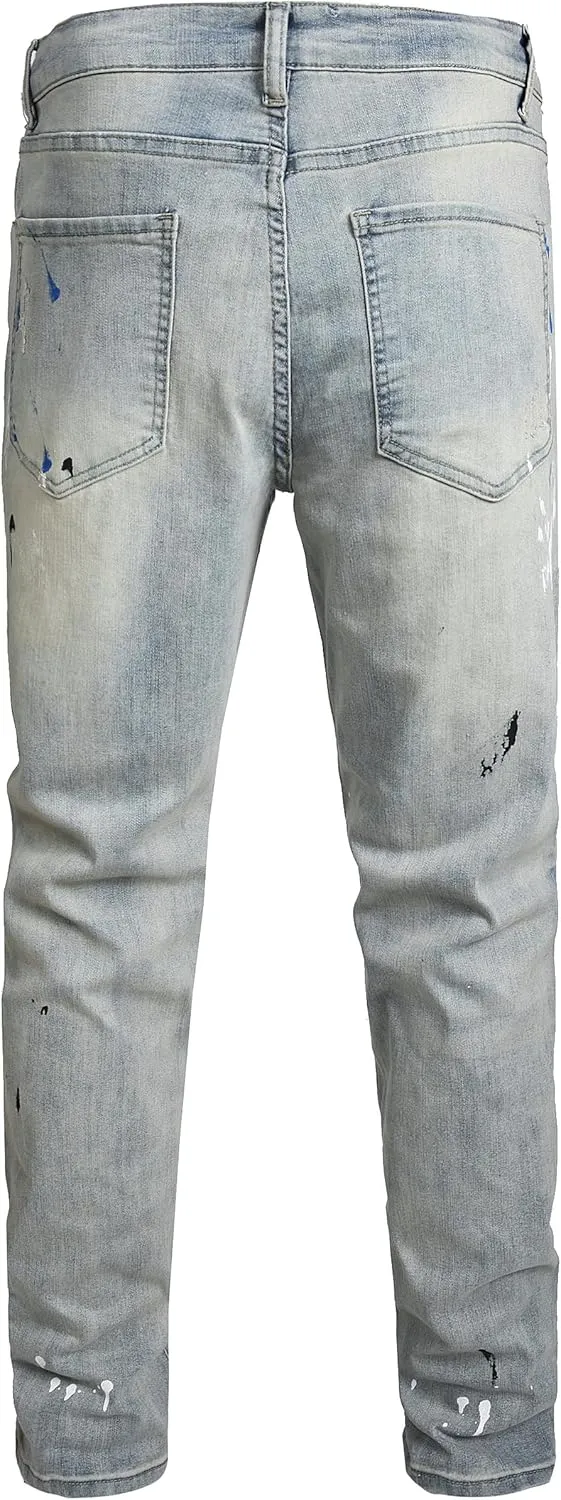 Men Ripped Jeans Fashion Slim Fit Traight Distressed Design Skinny Stretch Comfort Flex Waist Denim Pants
