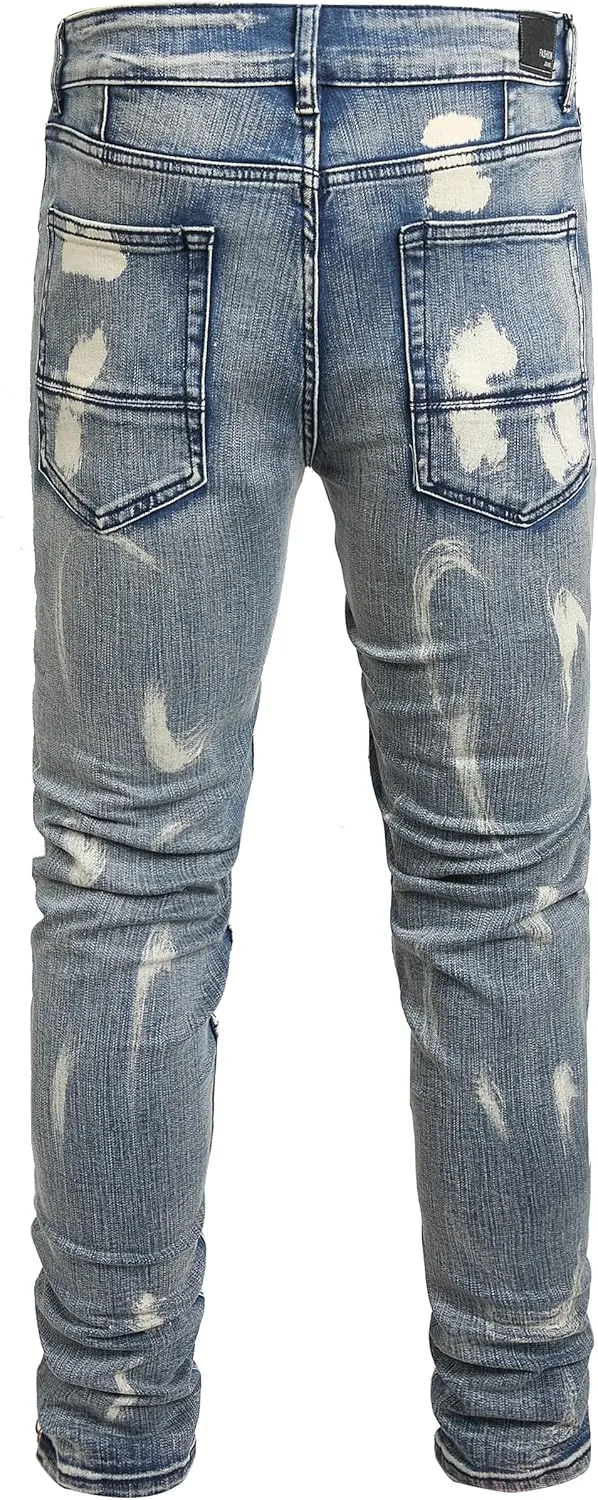 Men Ripped Jeans Fashion Slim Fit Traight Distressed Design Skinny Stretch Comfort Flex Waist Denim Pants