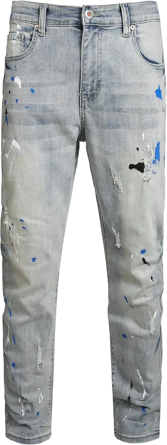 Men Ripped Jeans Fashion Slim Fit Traight Distressed Design Skinny Stretch Comfort Flex Waist Denim Pants