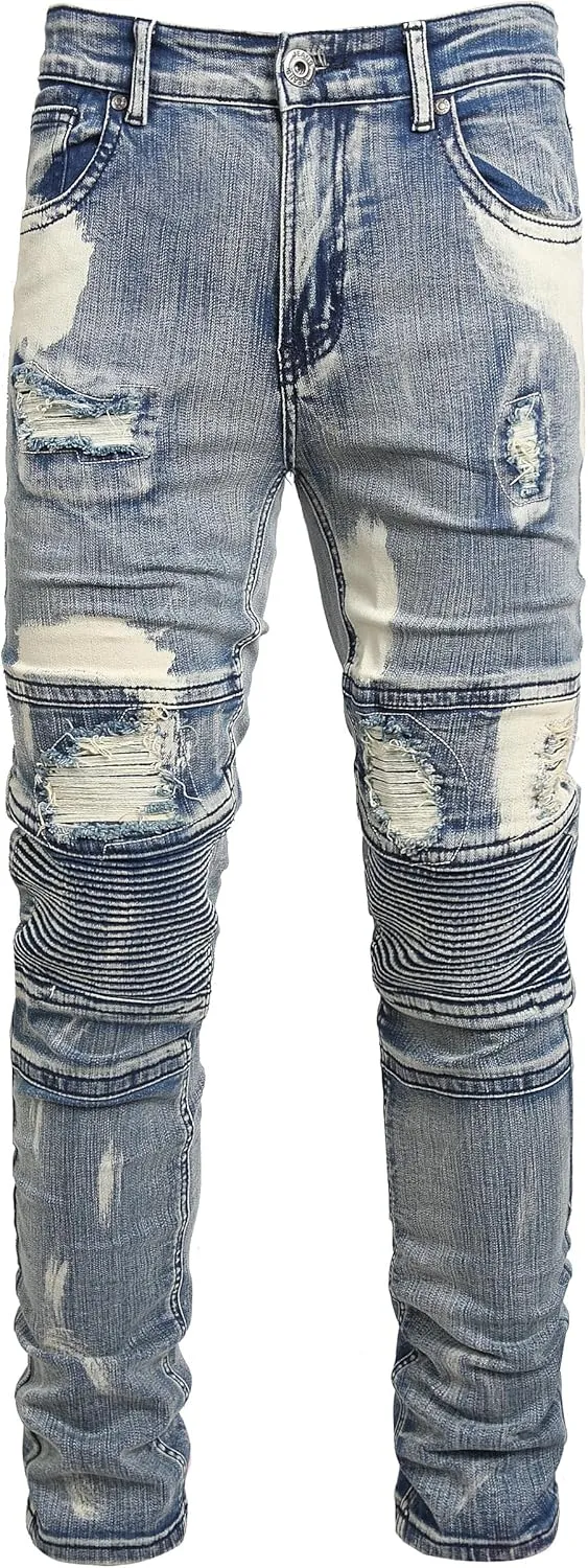 Men Ripped Jeans Fashion Slim Fit Traight Distressed Design Skinny Stretch Comfort Flex Waist Denim Pants