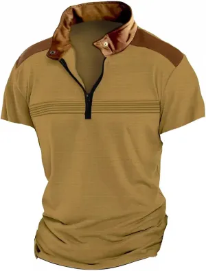 Men Waffle Polo Shirt Patchwork Short Sleeve Band Collar Casual Breathable Tops Golf Tennis Work Shirts Summer Outfit