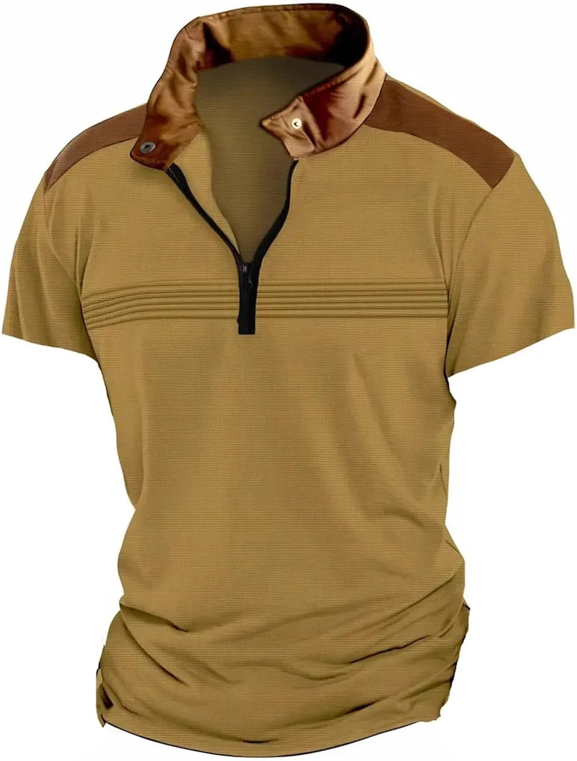 Men Waffle Polo Shirt Patchwork Short Sleeve Band Collar Casual Breathable Tops Golf Tennis Work Shirts Summer Outfit