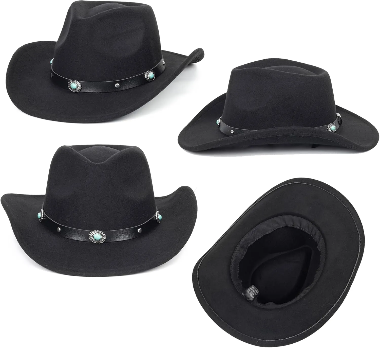Men Women Retro-Black Western-Cowboy-Hat Bling-Rhinestone-Decor with Eyelets Felt-Cowgirl-Hats Glitter-Rodeo Fedora Hat