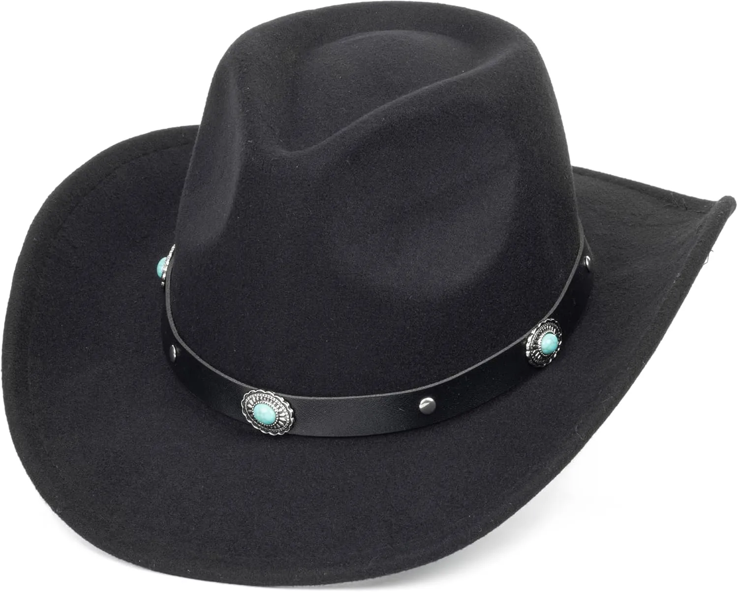 Men Women Retro-Black Western-Cowboy-Hat Bling-Rhinestone-Decor with Eyelets Felt-Cowgirl-Hats Glitter-Rodeo Fedora Hat