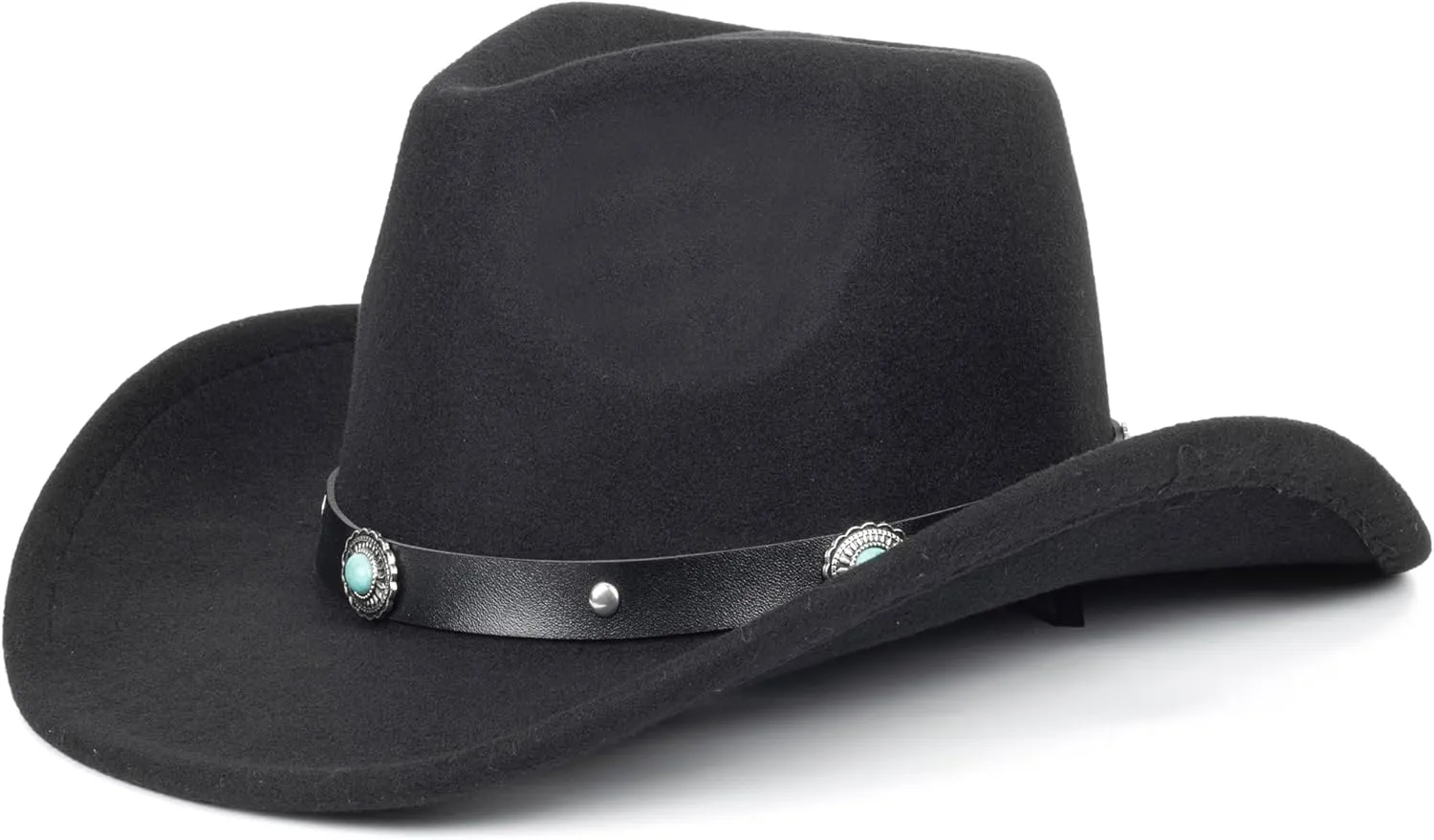 Men Women Retro-Black Western-Cowboy-Hat Bling-Rhinestone-Decor with Eyelets Felt-Cowgirl-Hats Glitter-Rodeo Fedora Hat