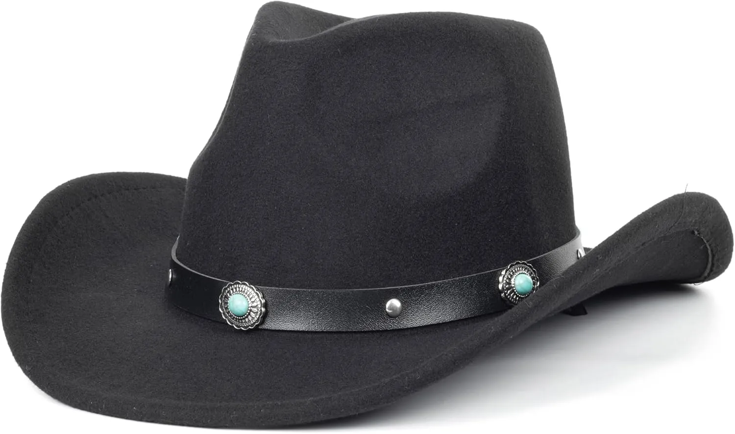 Men Women Retro-Black Western-Cowboy-Hat Bling-Rhinestone-Decor with Eyelets Felt-Cowgirl-Hats Glitter-Rodeo Fedora Hat