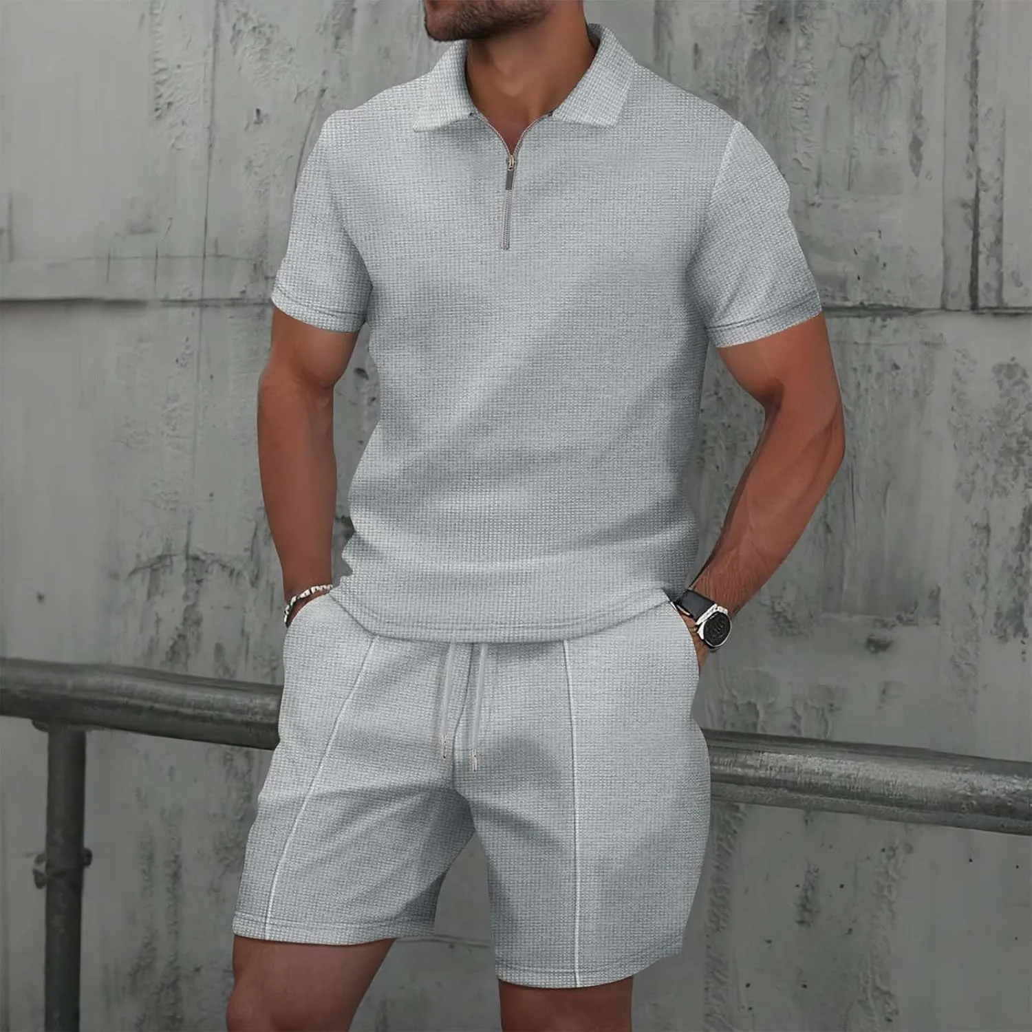 Mens 2 Piece Outfits Casual Tracksuit Polos Shirts and Shorts Golf Sportwear Men Stylish Textured Summer Workout Sets