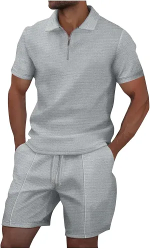 Mens 2 Piece Outfits Casual Tracksuit Polos Shirts and Shorts Golf Sportwear Men Stylish Textured Summer Workout Sets