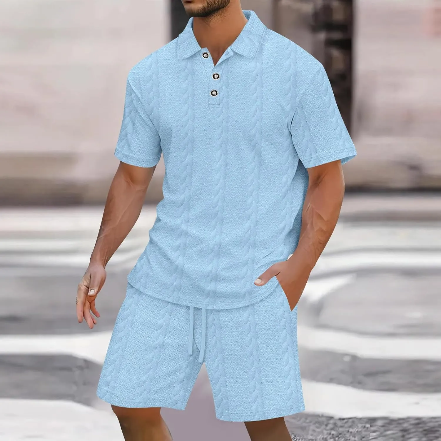 Men's 2 Piece Outfits Polos Shirts Short Sets Casual Summer Golf Tracksuit Stylish Knit Textured Sweatsuit Gym Sets