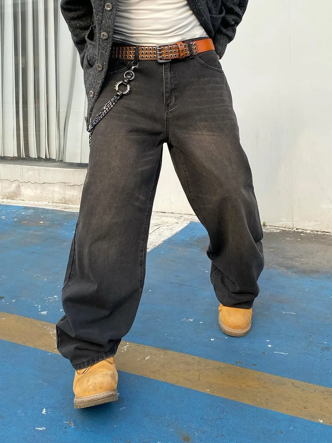 Men's Baggy Hip Hop Jeans Wide Leg Skater Denim Pants Casual Loose Fit Long Trousers Streetwear