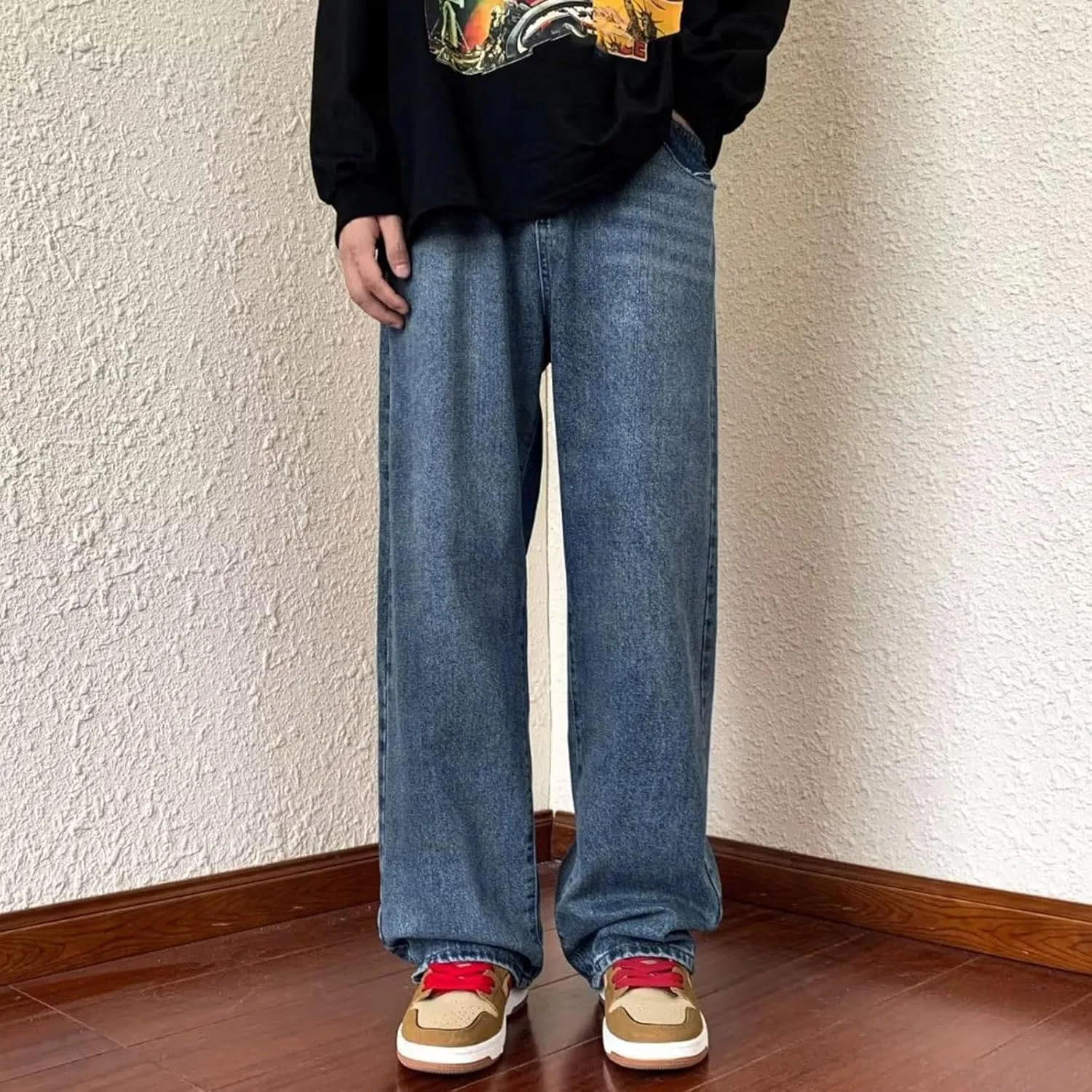 Men's Baggy Hip Hop Jeans Wide Leg Skater Denim Pants Casual Loose Fit Long Trousers Streetwear