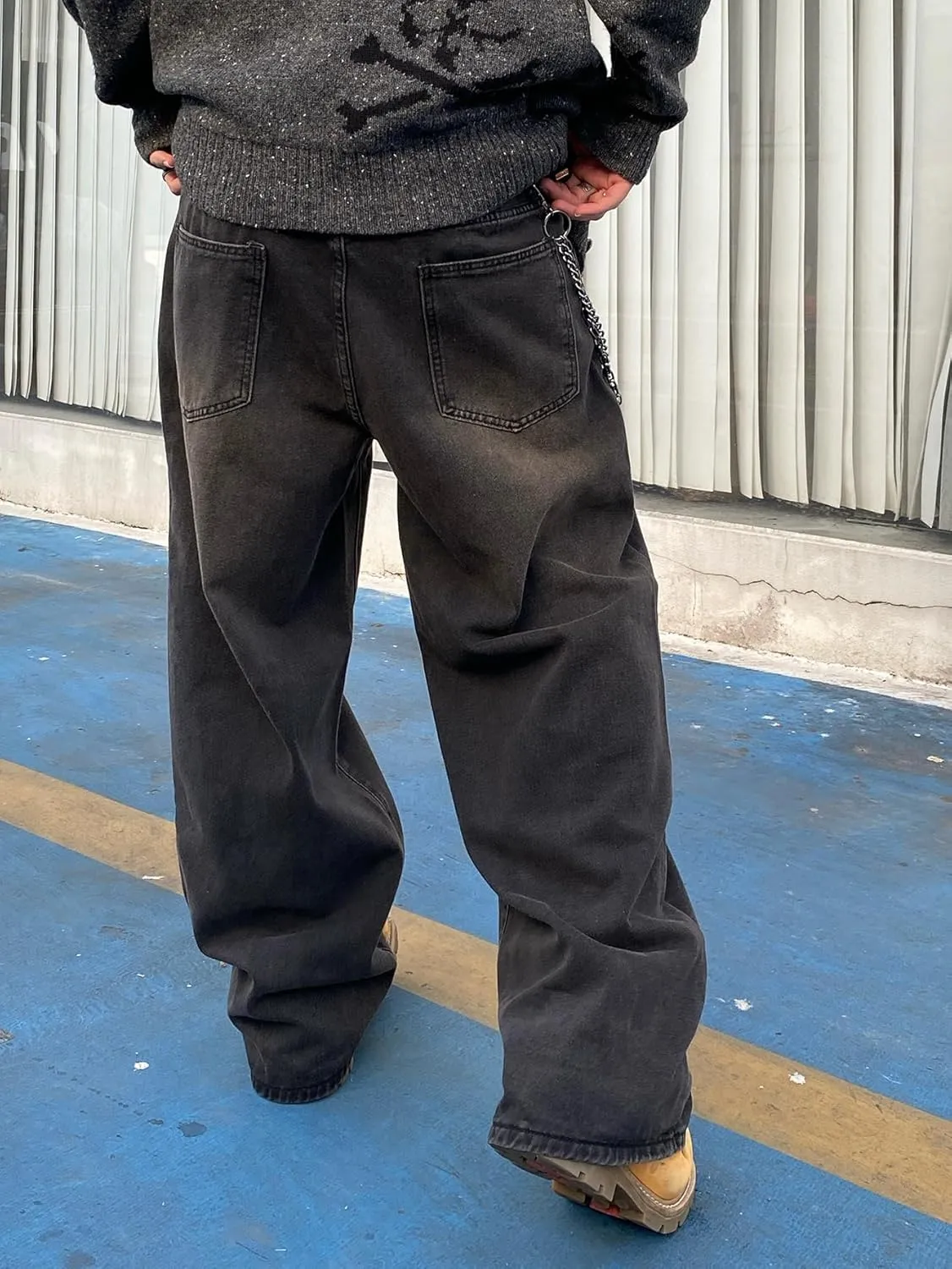 Men's Baggy Hip Hop Jeans Wide Leg Skater Denim Pants Casual Loose Fit Long Trousers Streetwear