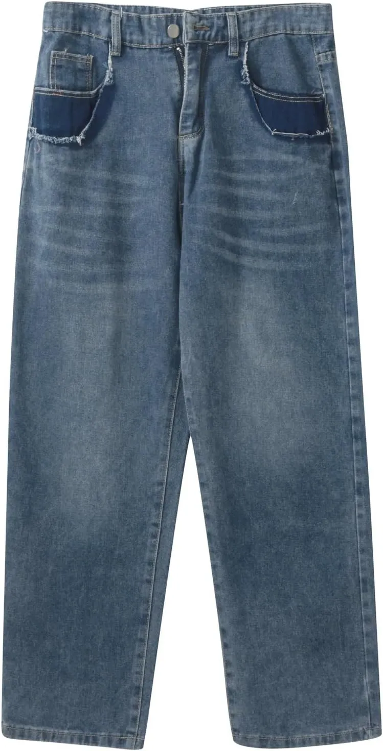 Men's Baggy Hip Hop Jeans Wide Leg Skater Denim Pants Casual Loose Fit Long Trousers Streetwear