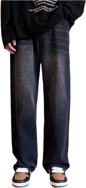 Men's Baggy Hip Hop Jeans Wide Leg Skater Denim Pants Casual Loose Fit Long Trousers Streetwear