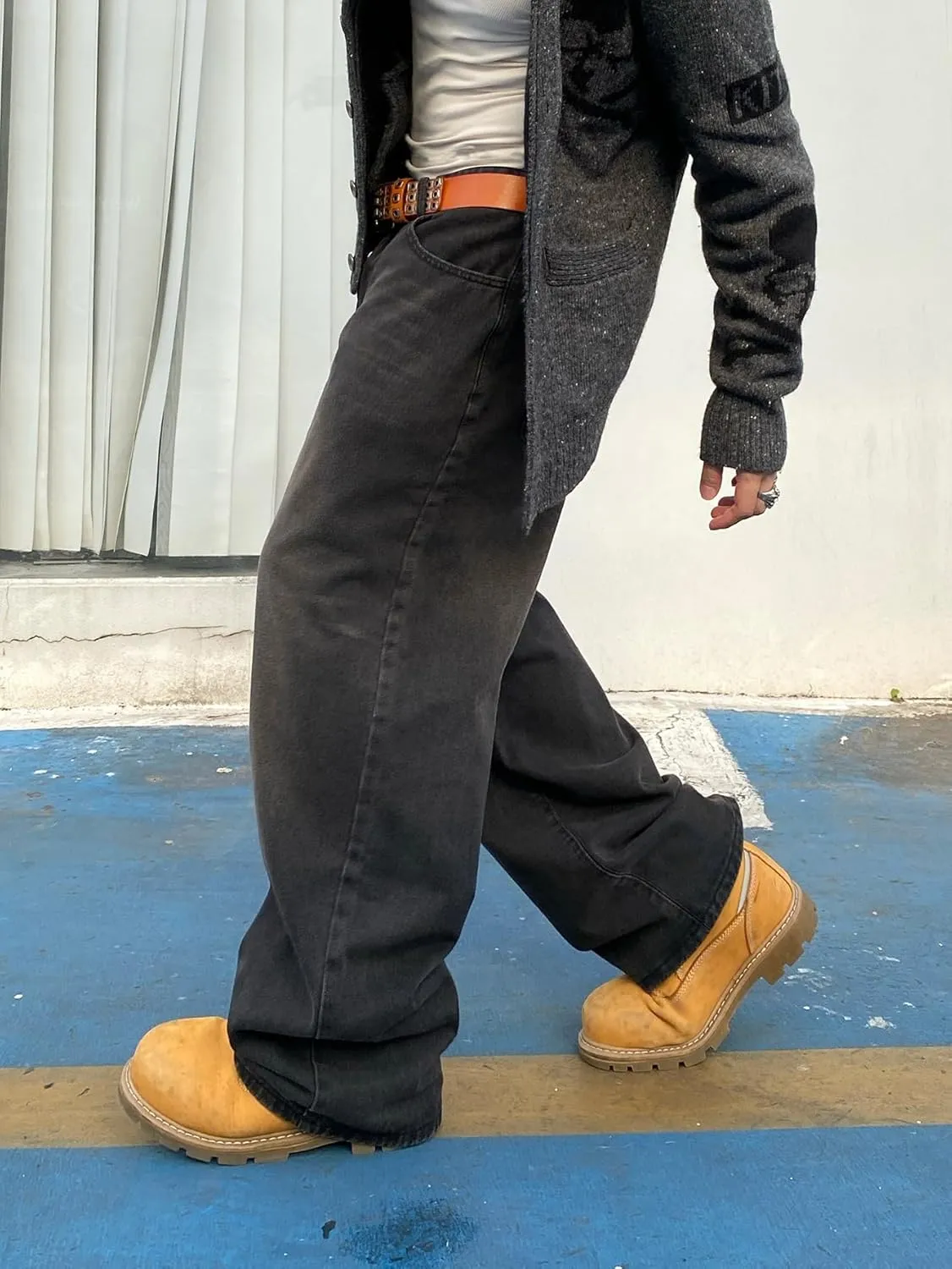 Men's Baggy Hip Hop Jeans Wide Leg Skater Denim Pants Casual Loose Fit Long Trousers Streetwear