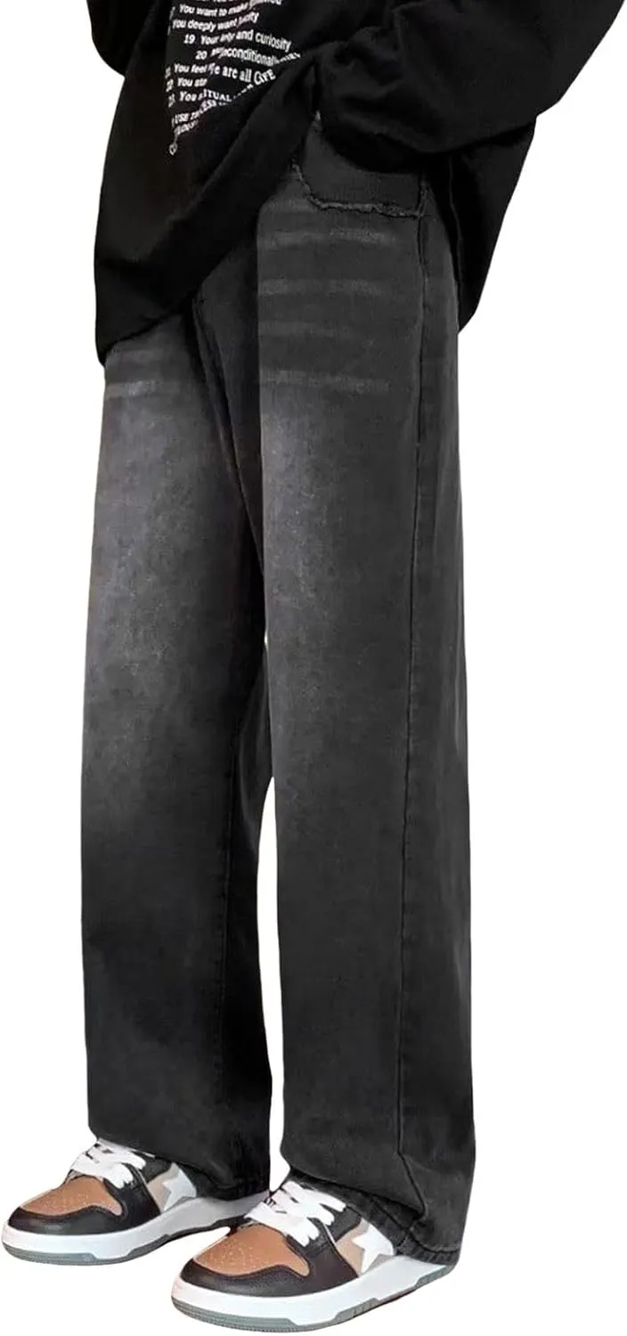 Men's Baggy Hip Hop Jeans Wide Leg Skater Denim Pants Casual Loose Fit Long Trousers Streetwear