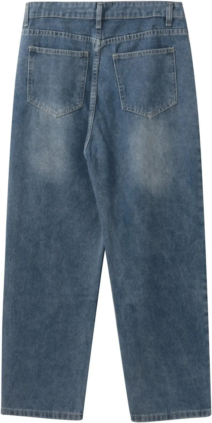 Men's Baggy Hip Hop Jeans Wide Leg Skater Denim Pants Casual Loose Fit Long Trousers Streetwear