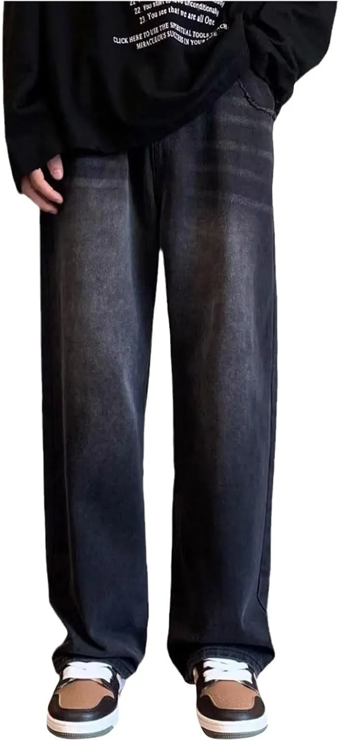 Men's Baggy Hip Hop Jeans Wide Leg Skater Denim Pants Casual Loose Fit Long Trousers Streetwear