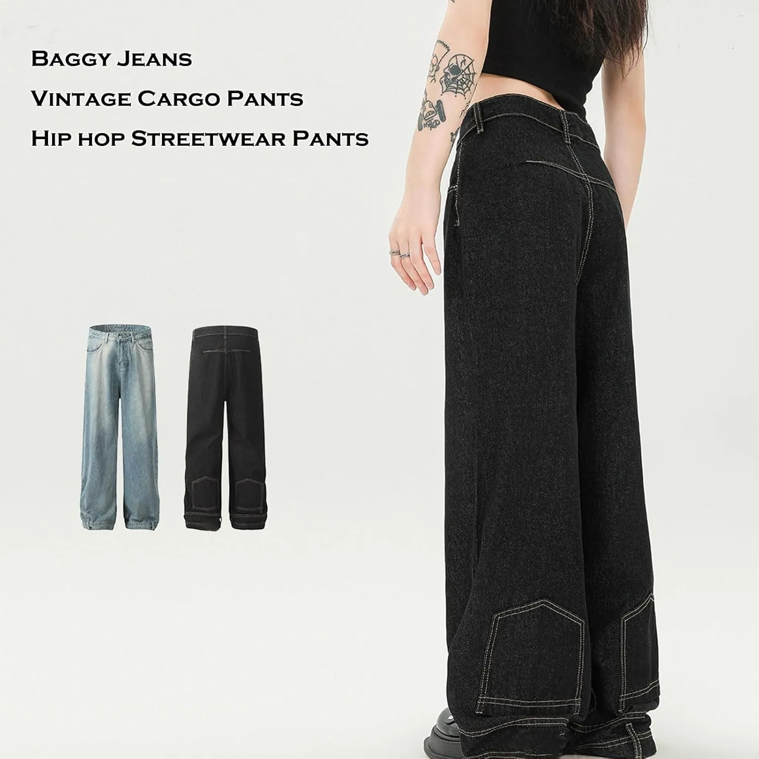 Men's Baggy Jeans Vintage Hip Hop Streetwear Jeans Pocket Reverse Design Causal Loose Straight Leg Denim Pants