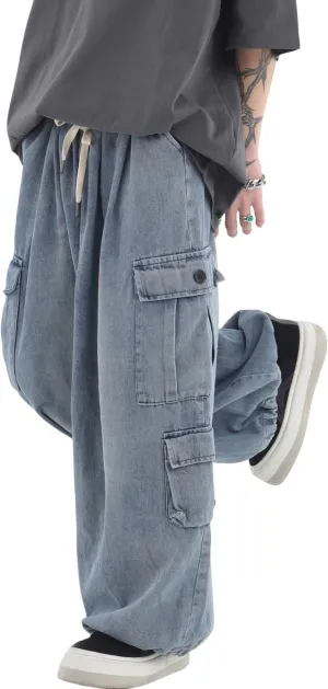 Mens Baggy Jeans Y2K Hip Hop Cargo Pants Harajuku Wide Leg Demin Joggers Emo Alt Streetwear Jeans
