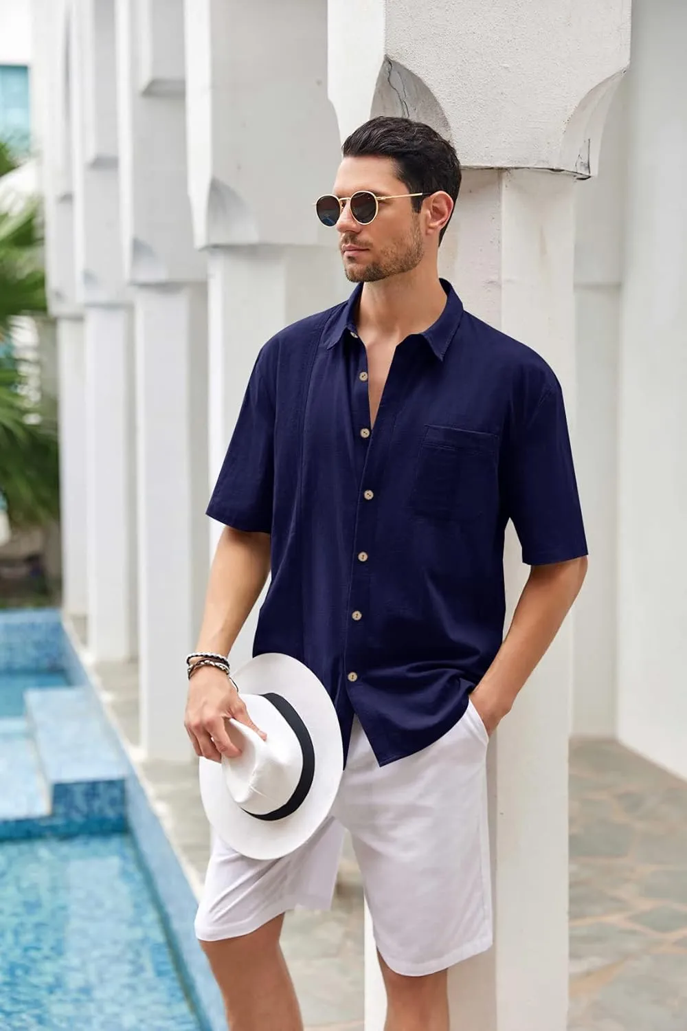 Mens Beach Linen Shirts Short Sleeve Cuban Button Down Casual Summer T Shirt Guayabera Hawaiian Tee Loose Fit Tops