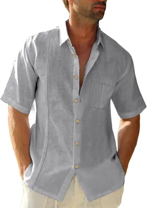 Mens Beach Linen Shirts Short Sleeve Cuban Button Down Casual Summer T Shirt Guayabera Hawaiian Tee Loose Fit Tops