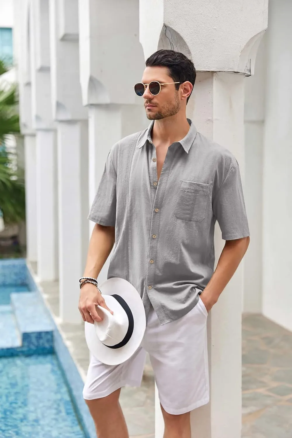 Mens Beach Linen Shirts Short Sleeve Cuban Button Down Casual Summer T Shirt Guayabera Hawaiian Tee Loose Fit Tops