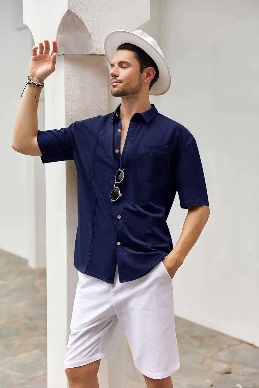 Mens Beach Linen Shirts Short Sleeve Cuban Button Down Casual Summer T Shirt Guayabera Hawaiian Tee Loose Fit Tops