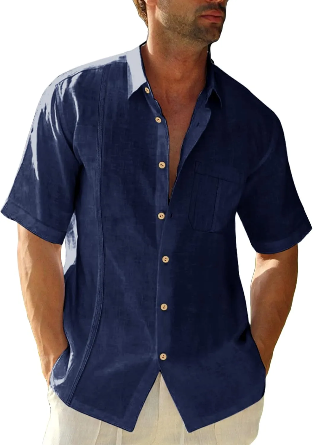 Mens Beach Linen Shirts Short Sleeve Cuban Button Down Casual Summer T Shirt Guayabera Hawaiian Tee Loose Fit Tops