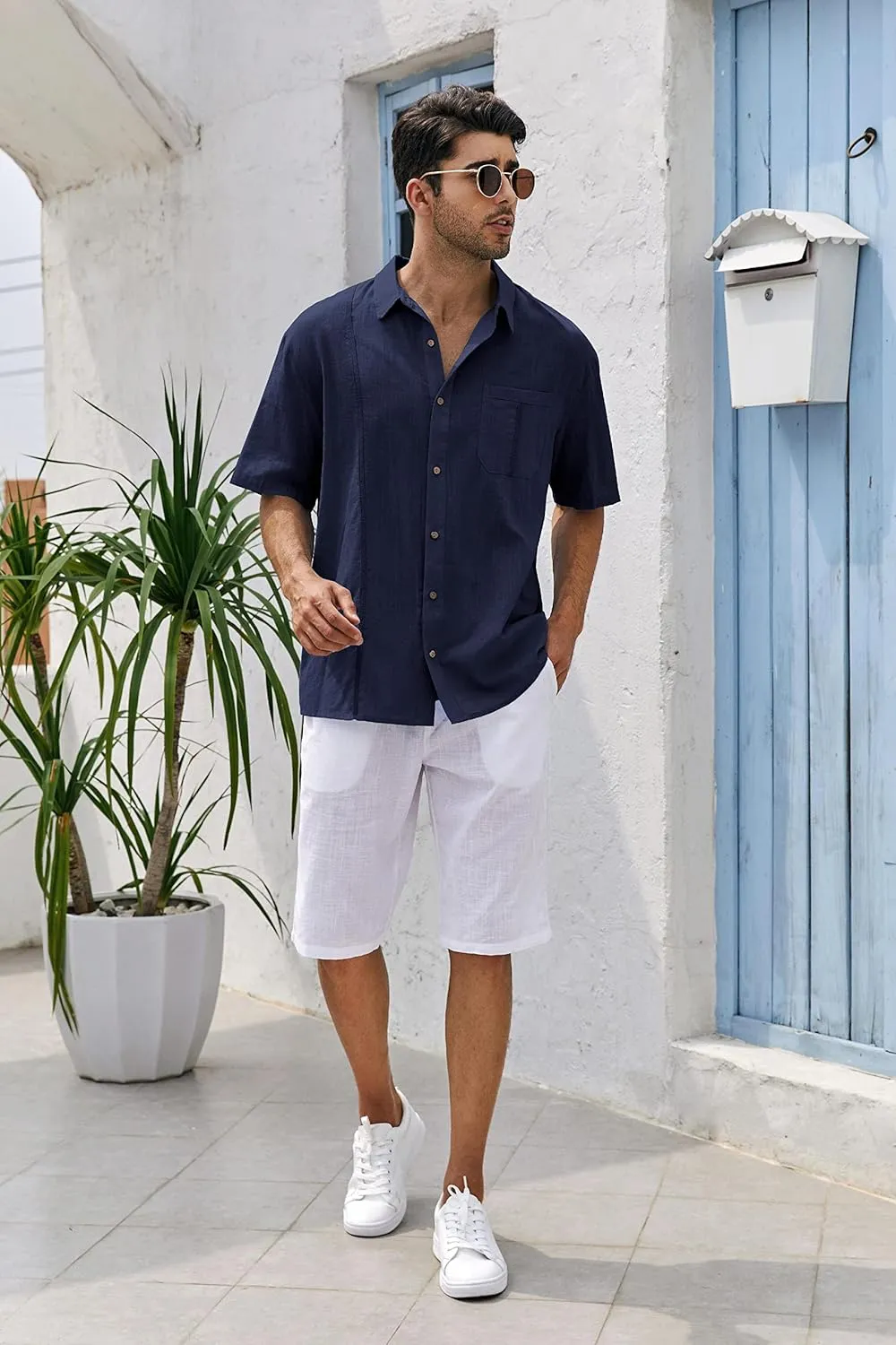 Mens Beach Linen Shirts Short Sleeve Cuban Button Down Casual Summer T Shirt Guayabera Hawaiian Tee Loose Fit Tops