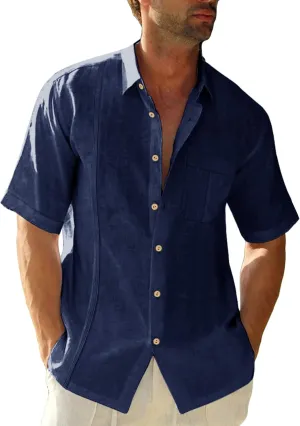 Mens Beach Linen Shirts Short Sleeve Cuban Button Down Casual Summer T Shirt Guayabera Hawaiian Tee Loose Fit Tops
