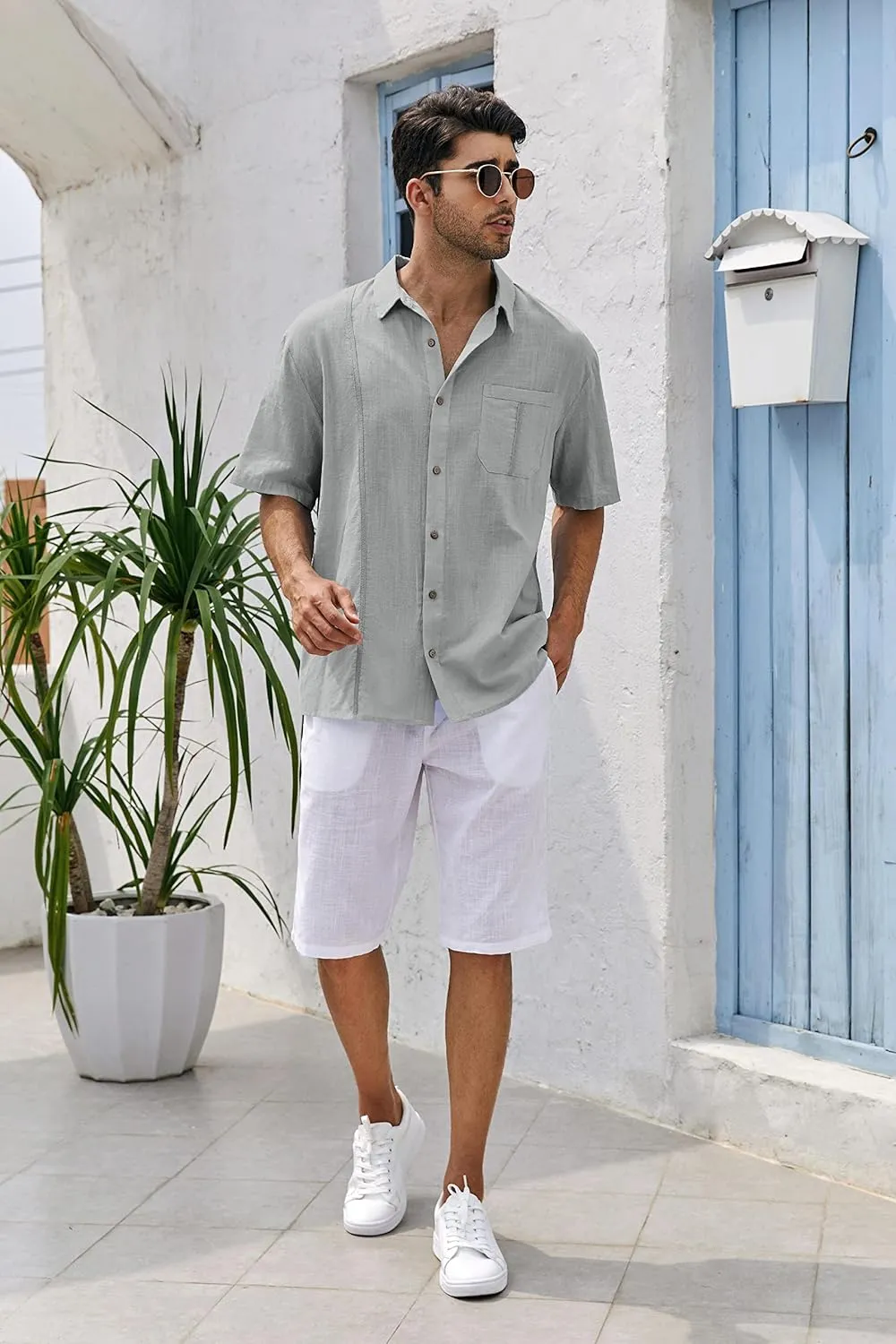 Mens Beach Linen Shirts Short Sleeve Cuban Button Down Casual Summer T Shirt Guayabera Hawaiian Tee Loose Fit Tops