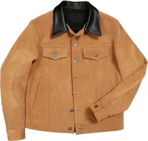 Men’s Brown Trucker Genuine Suede Turn Down Collar Casual Classic Western Fashionable Leather Jacket (as1, alpha, x_s, regular, regular)