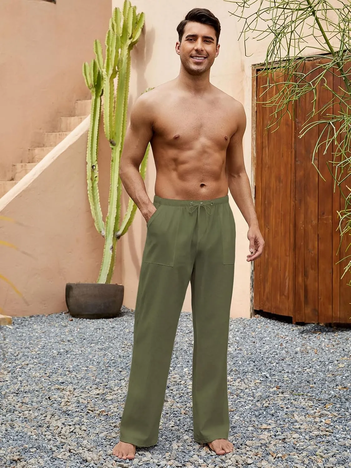 Mens Casual Linen Pants Elastic Waist Wide Leg Summer Beach Yoga Pants Linen Lounge Trousers