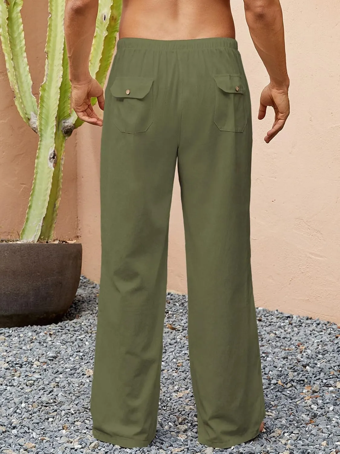 Mens Casual Linen Pants Elastic Waist Wide Leg Summer Beach Yoga Pants Linen Lounge Trousers