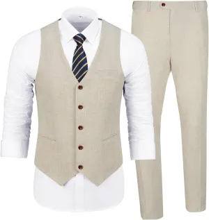 Men's Casual Linen Suit Set 2 Piece Slim Fit Wedding Suits Prom Groomsmen Suit Tuxedos Beach Suits Vest Pants