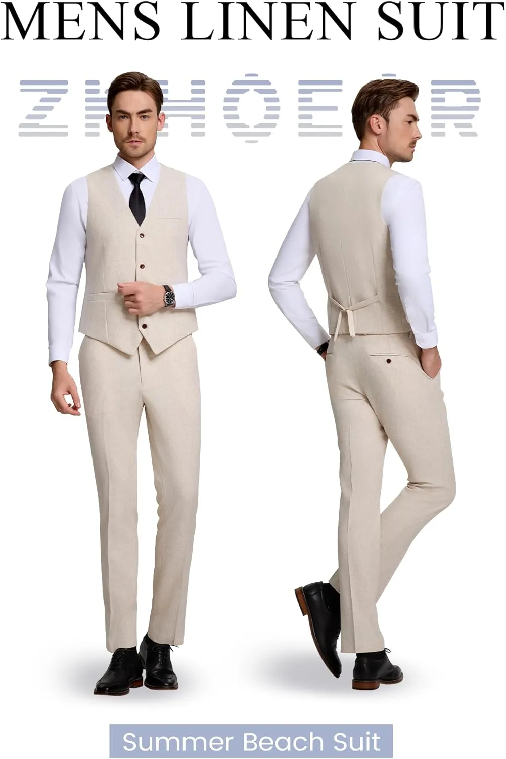 Men's Casual Linen Suit Set 2 Piece Slim Fit Wedding Suits Prom Groomsmen Suit Tuxedos Beach Suits Vest Pants