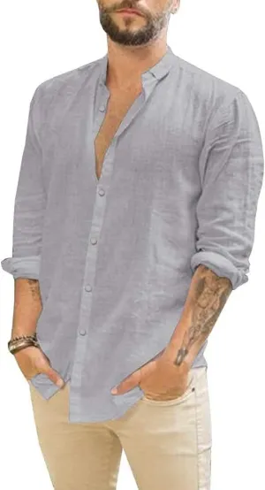 Mens Casual Long Sleeve Cotton Linen Shirts Buttons Down Solid Plain Roll-Up Sleeve Summer Beach Shirts