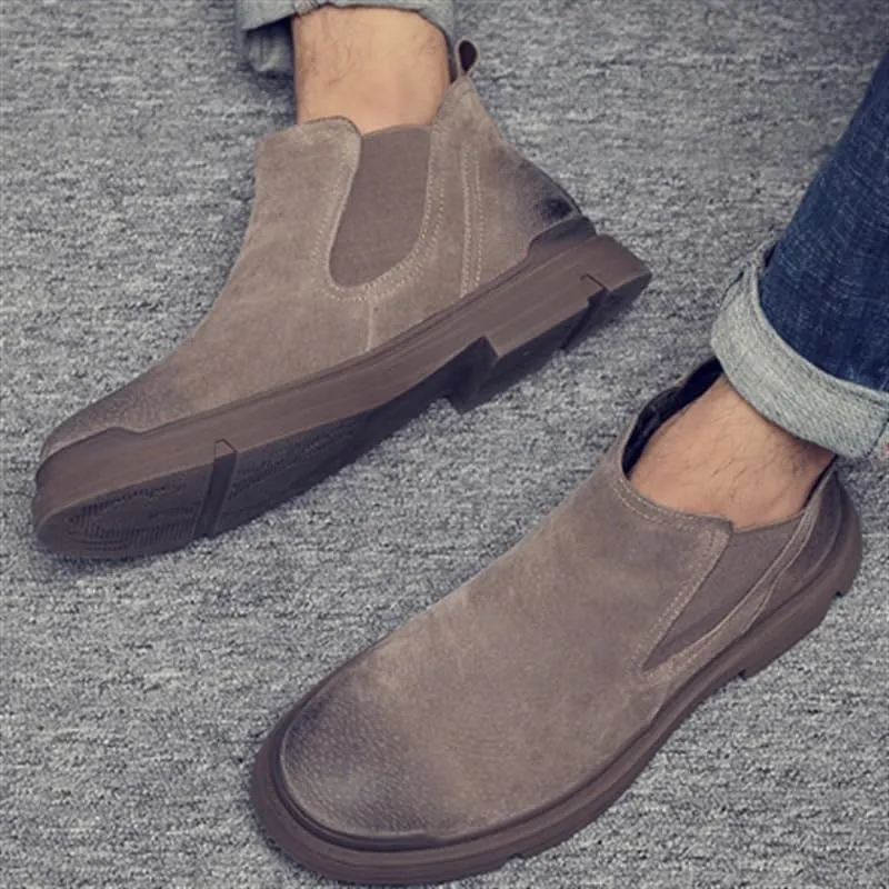 Men's Classic Retro Slip-On Shoes Rubber Low Heel Sole Suede Finish Mesh Lining Stitch Reinforced Shoes with Anti-Kick Toe Cap Standard Size Casual Shoes