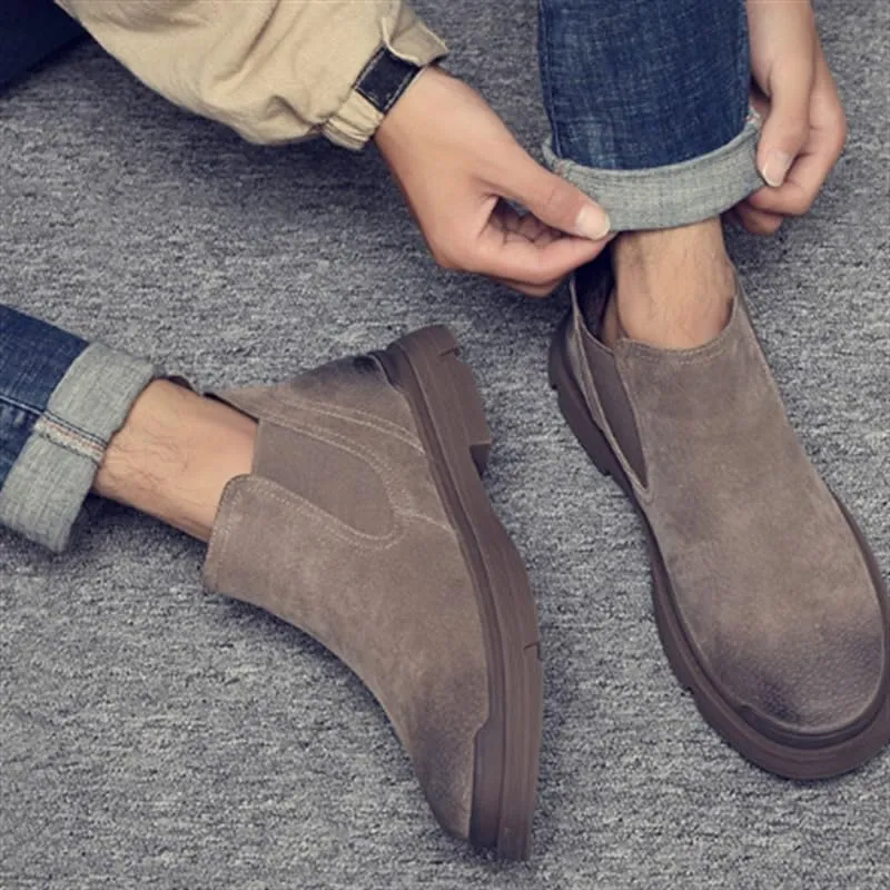 Men's Classic Retro Slip-On Shoes Rubber Low Heel Sole Suede Finish Mesh Lining Stitch Reinforced Shoes with Anti-Kick Toe Cap Standard Size Casual Shoes