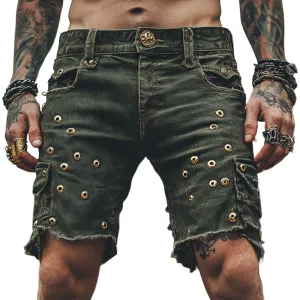 Men's Gothic Vintage Gold Metal Rivet Decor Denim Shorts MTA1078D3Z