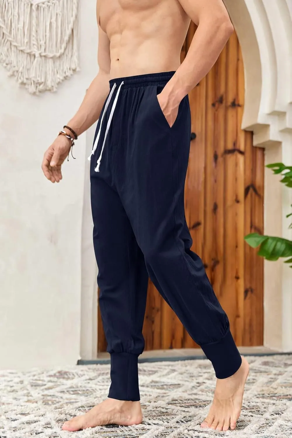 Mens Linen Harem Pants Lightweight Drawstring Elastic Waist Baggy Joggers Casual Cargo Sweatpants Pant