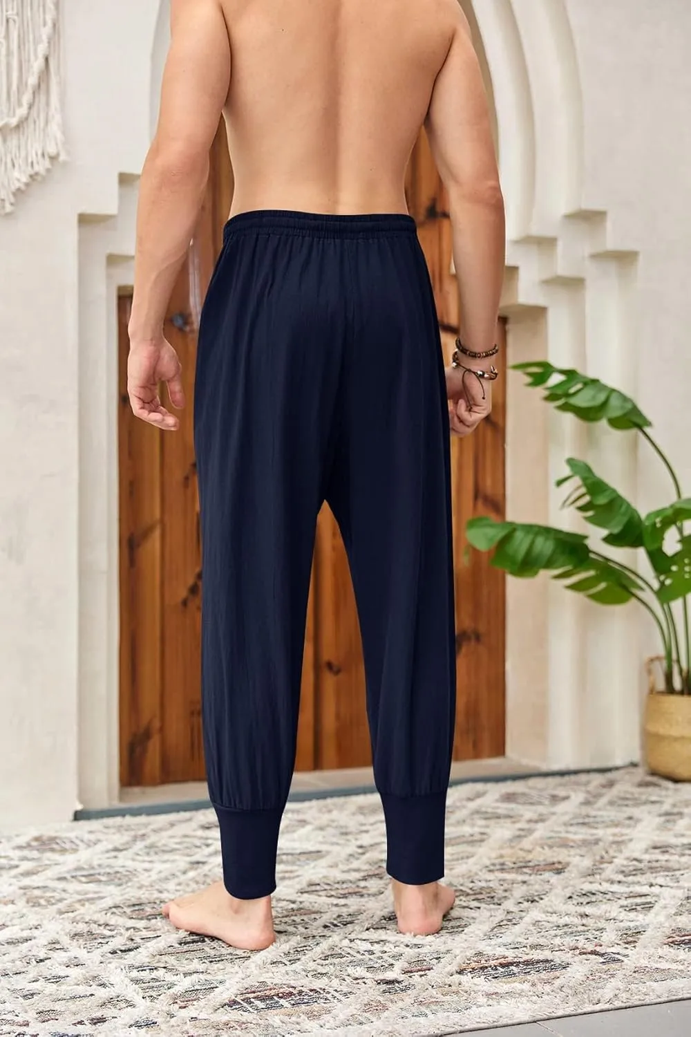 Mens Linen Harem Pants Lightweight Drawstring Elastic Waist Baggy Joggers Casual Cargo Sweatpants Pant