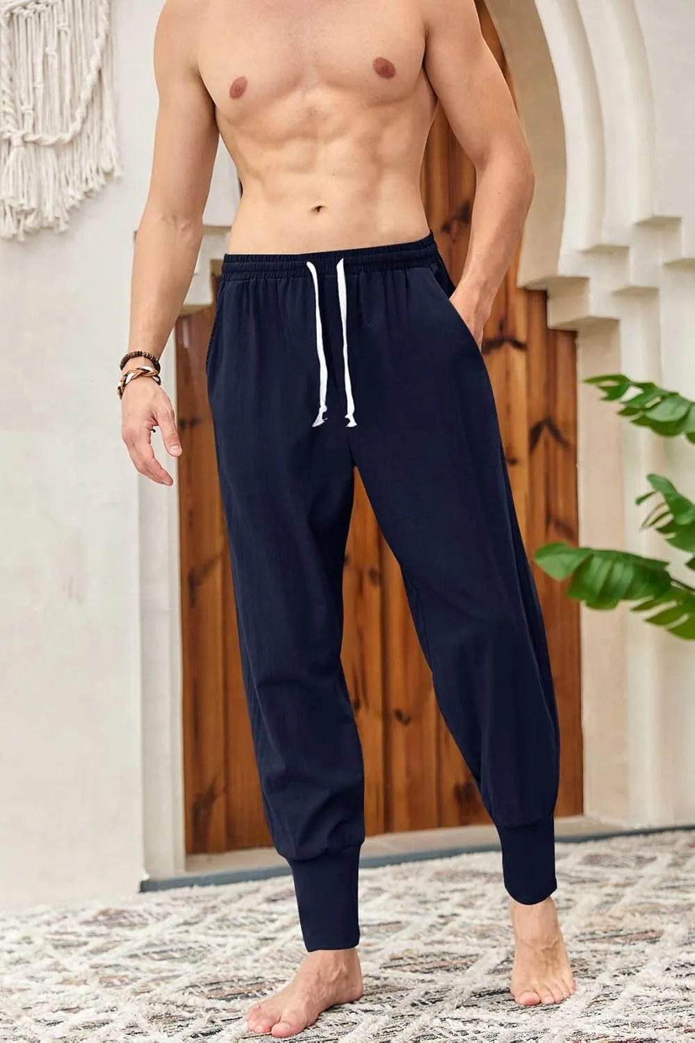 Mens Linen Harem Pants Lightweight Drawstring Elastic Waist Baggy Joggers Casual Cargo Sweatpants Pant