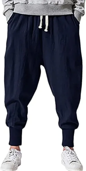 Mens Linen Harem Pants Lightweight Drawstring Elastic Waist Baggy Joggers Casual Cargo Sweatpants Pant