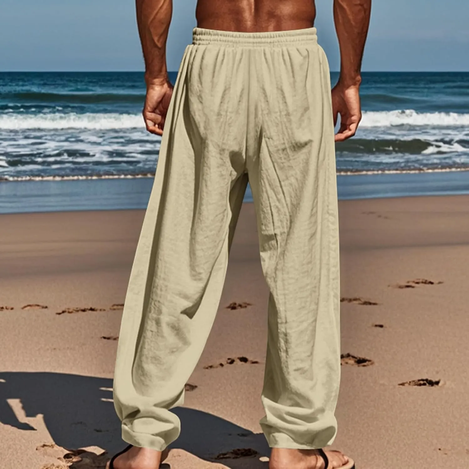 Mens Linen Pants Yoga Beach Loose Fit Casual Summer Elastic Waist Drawstring Baggy Trousers with Pockets