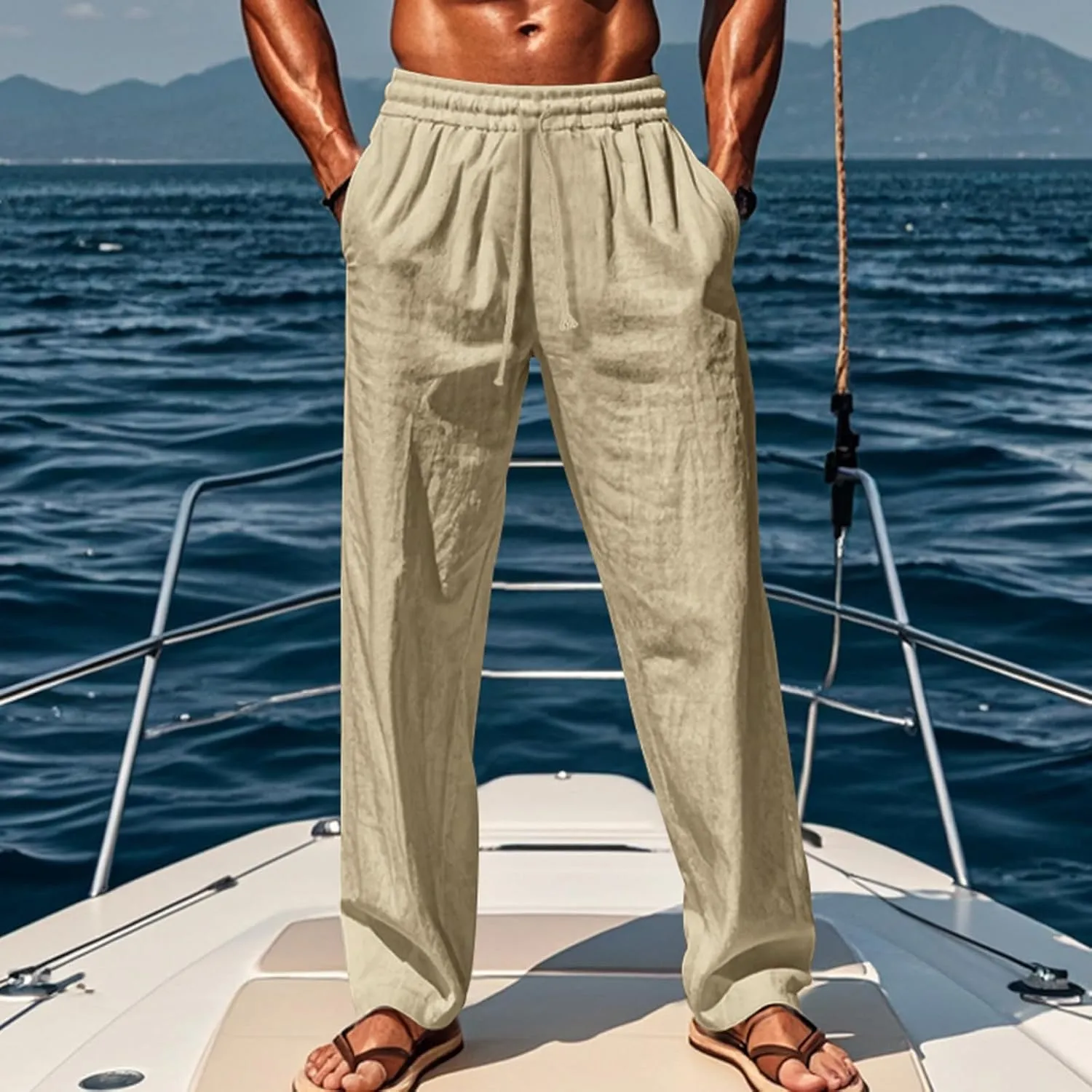 Mens Linen Pants Yoga Beach Loose Fit Casual Summer Elastic Waist Drawstring Baggy Trousers with Pockets